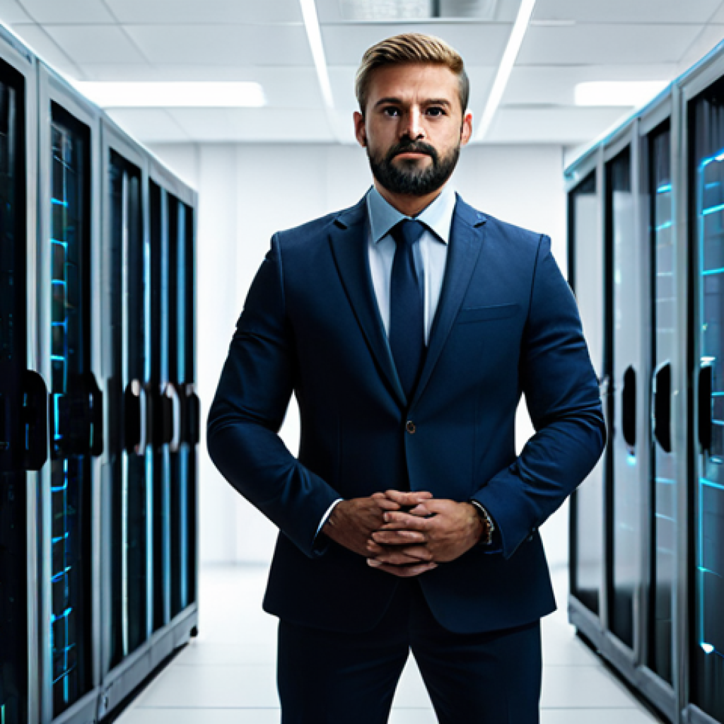 A professional cybersecurity expert in a modest business suit, standing confidently in a state-of-the-art, clean data center with glowing server racks and large screens displaying complex network visualizations. The image emphasizes robust digital defenses and the concept of preventive cybersecurity. Fully clothed, modest clothing, appropriate attire, safe for work, appropriate content, professional, perfect anatomy, correct proportions, natural pose, well-formed hands, proper finger count, natural body proportions, high-quality professional photography.