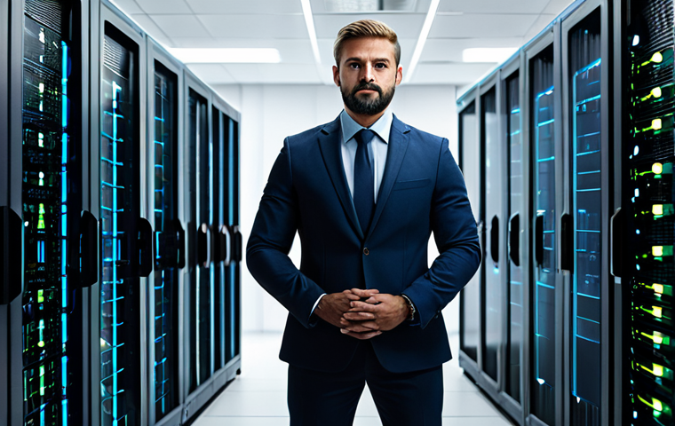 A professional cybersecurity expert in a modest business suit, standing confidently in a state-of-the-art, clean data center with glowing server racks and large screens displaying complex network visualizations. The image emphasizes robust digital defenses and the concept of preventive cybersecurity. Fully clothed, modest clothing, appropriate attire, safe for work, appropriate content, professional, perfect anatomy, correct proportions, natural pose, well-formed hands, proper finger count, natural body proportions, high-quality professional photography.