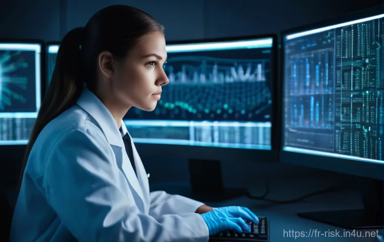 디지털 포렌식 분석 방법 - **"Digital Forensics: Data Recovery in a High-Tech Lab"**
    A highly detailed, realistic image of ...