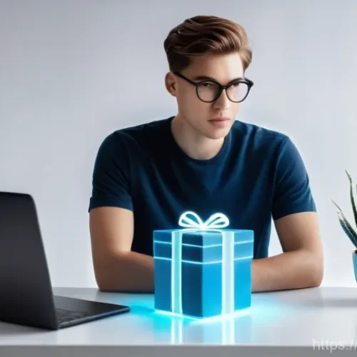 VPN 사용 시 주의할 점 - A young adult, casually dressed in modern street clothes, sits at a clean, minimalist desk, looking ...