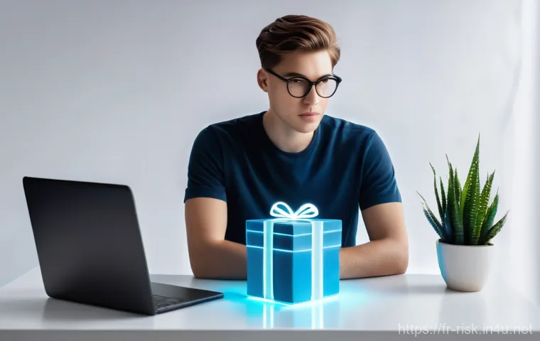 VPN 사용 시 주의할 점 - A young adult, casually dressed in modern street clothes, sits at a clean, minimalist desk, looking ...