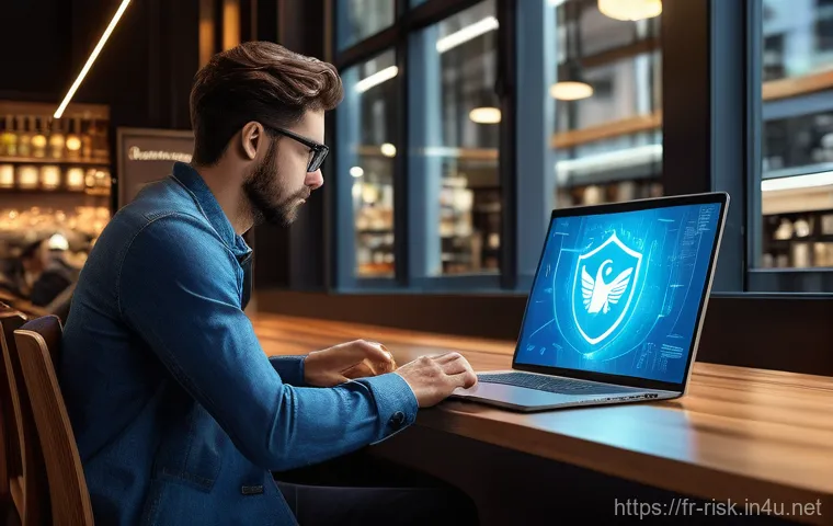 VPN 사용 시 주의할 점 - A young adult, casually dressed in modern street clothes, sits at a clean, minimalist desk, looking ...