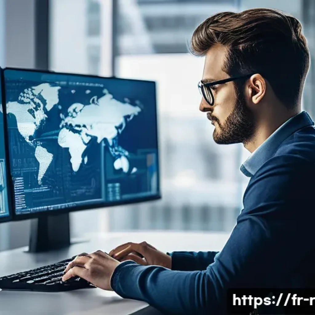 미래형 보안 위협 전망 - A professional French cybersecurity analyst working in a modern office filled with multiple computer...