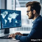 미래형 보안 위협 전망 - A professional French cybersecurity analyst working in a modern office filled with multiple computer...