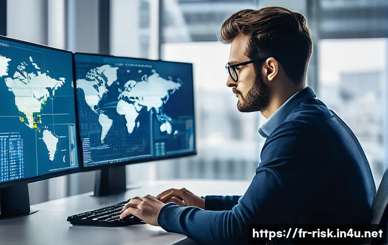 미래형 보안 위협 전망 - A professional French cybersecurity analyst working in a modern office filled with multiple computer...