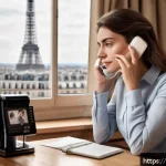 Home 19 사회공학적 해킹 기법 - A detailed scene showing a French professional woman receiving a suspicious phone call in a cozy Par...