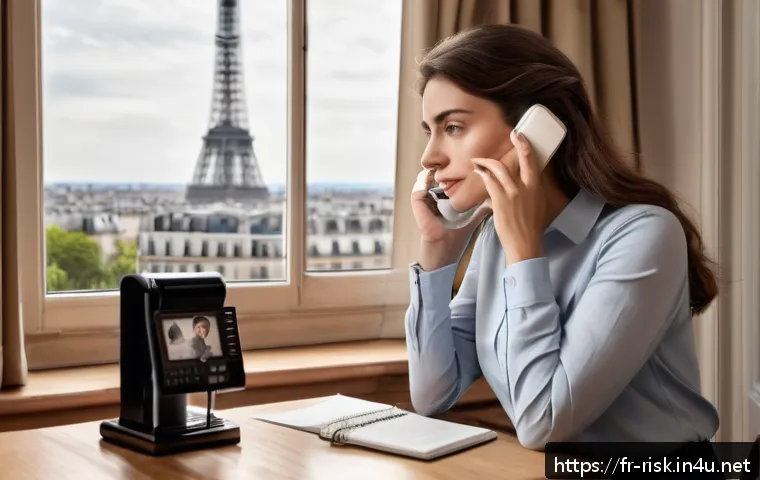 사회공학적 해킹 기법 - A detailed scene showing a French professional woman receiving a suspicious phone call in a cozy Par...